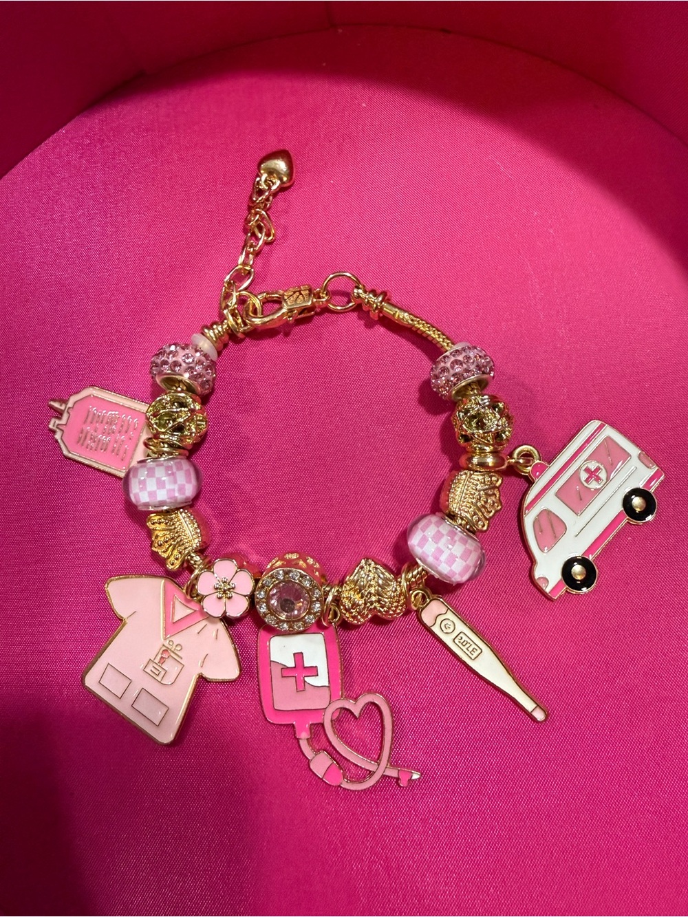 Kids Pink Medical Charm Bracelet with Gold Accents